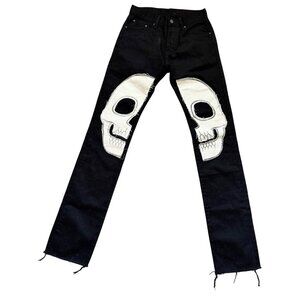 MNML Black Denim Pants With White Skull Patch Design Size 28